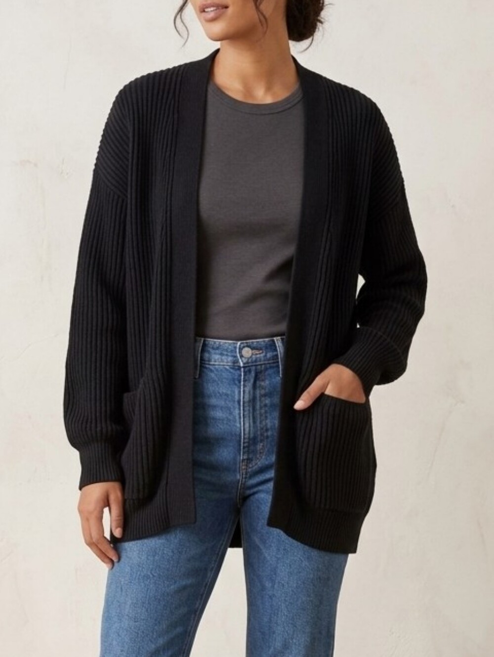 Quince Black Ribbed Open-Front Cardigan with Pockets
